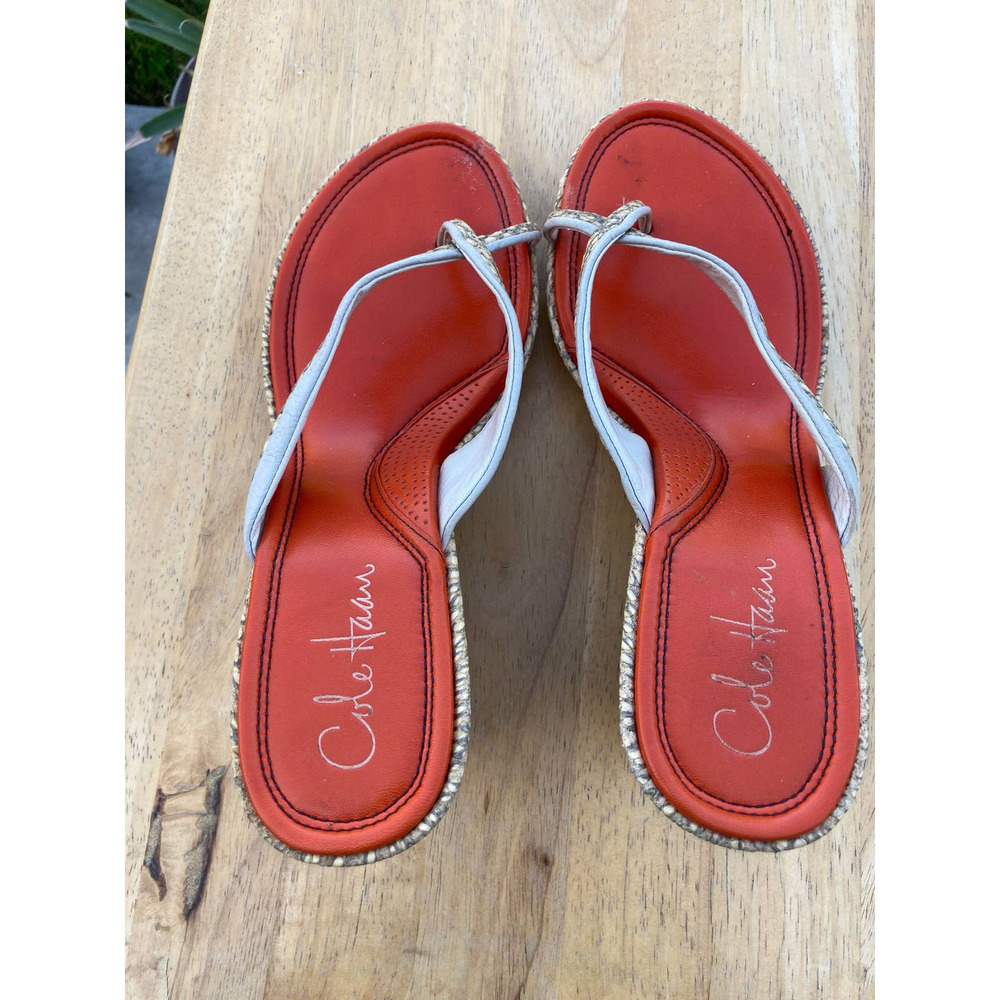 COLE HAAN Women Leather Wedge Orange Flip Flops, 3-inch heels, Size 9